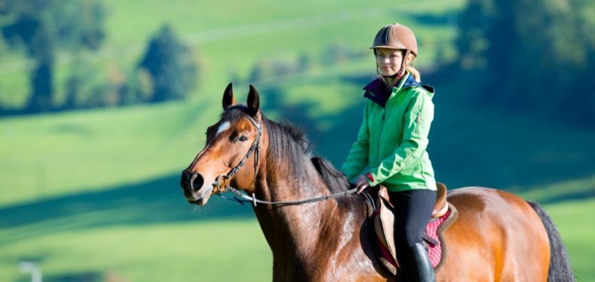 Ragazza in giacca verde cavalca un cavallo marrone in campagna.