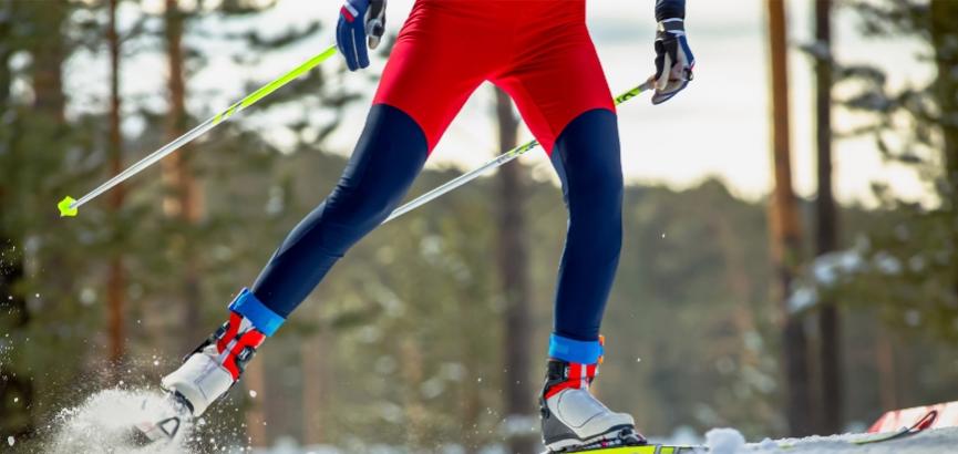 Sciare nella foresta, neve fresca, abbigliamento sportivo colorato.