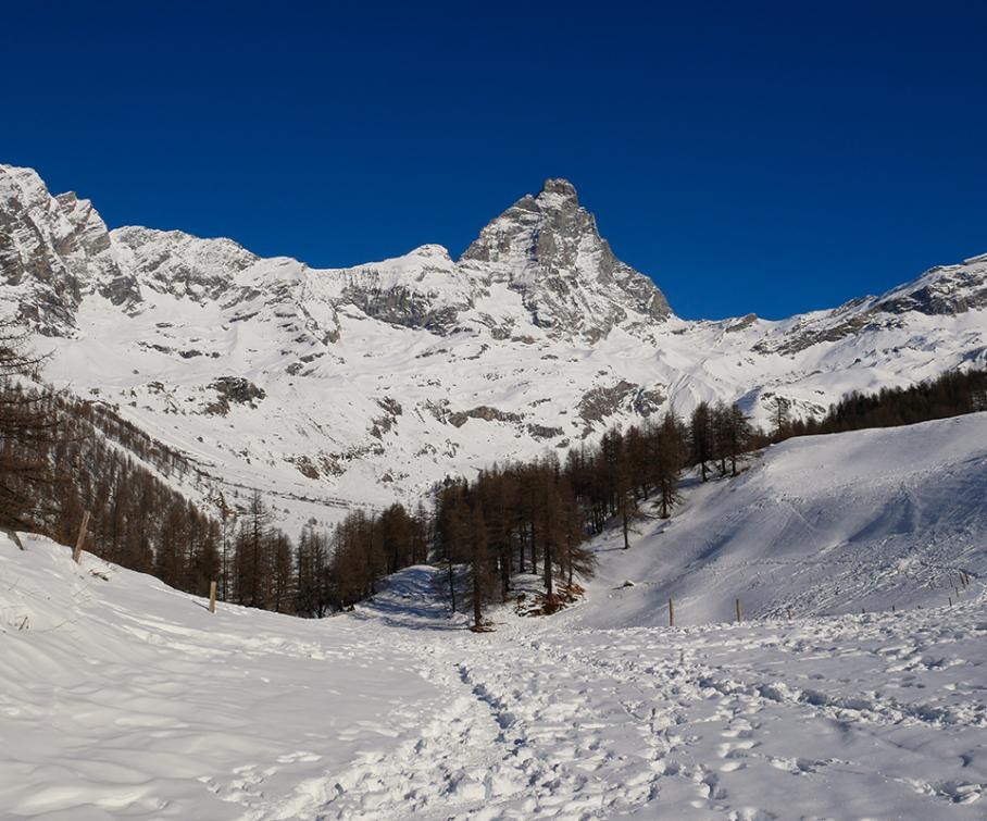 Paesaggio invernale con montagne innevate e cielo blu limpido.