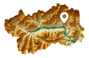 Mappa topografica con indicatore di posizione in una valle montuosa.